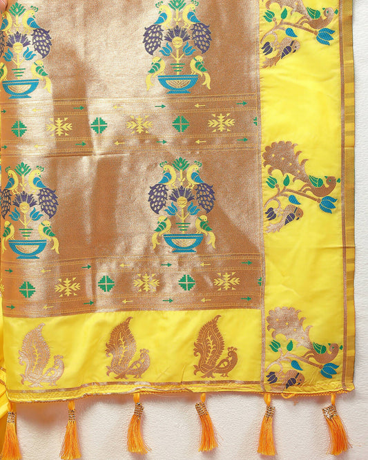 Lorenvalley Fashion Yellow Soft Paithani Silk Woven Design Copper Zari Meenakari Weaving Saree - Swadesiicart