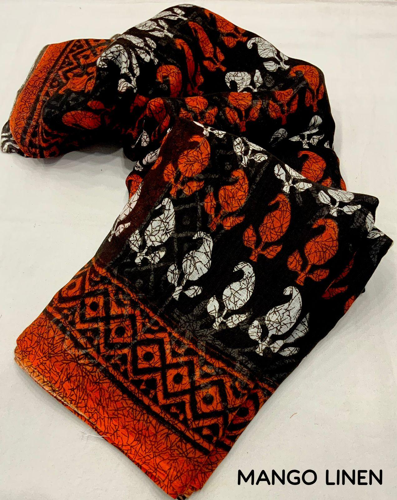 Orange Linen Blend Ethnic Motifs Saree with Unstitched Blouse - Hiral Fashion | Swadesiicart
