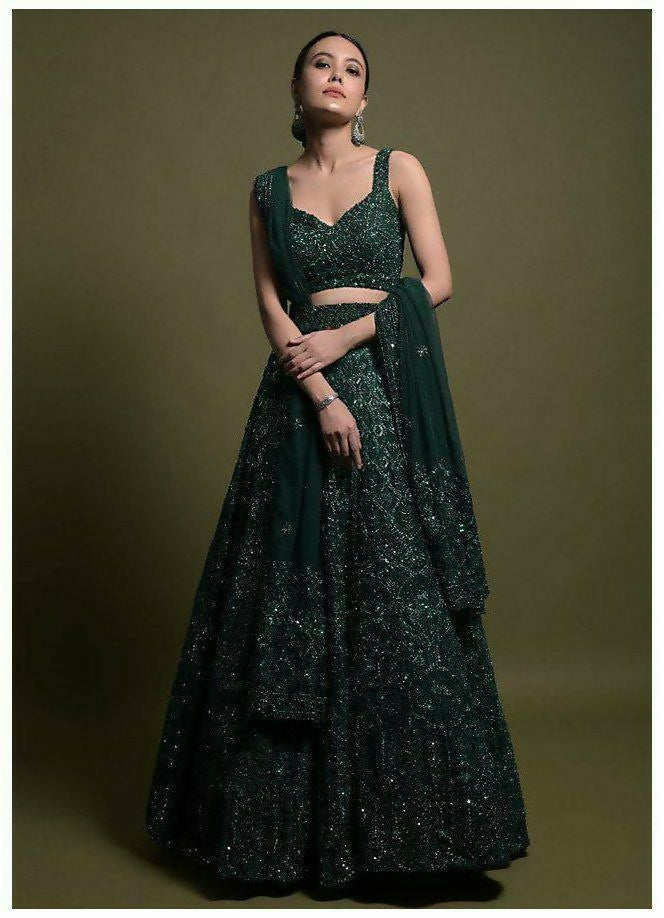 Jyoti Fashion Women's Dark Green Net Sequins with Dori & Thread Embroidered Designer Lehenga Choli Set | Swadesiicart