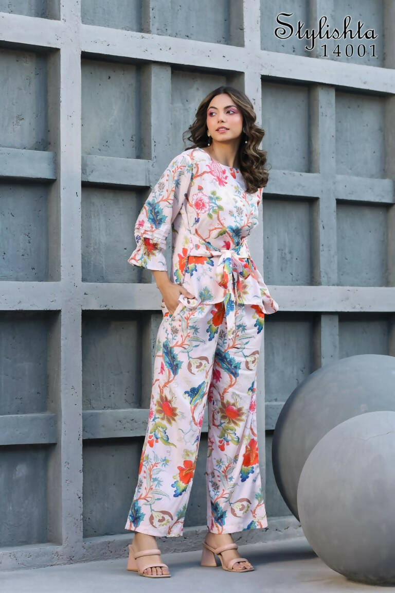Women's Partywear Designer White & Multi Muslin co-ord set - Stylishta - Swadesiicart