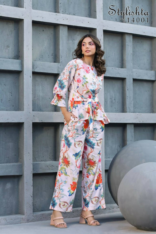 Women's Partywear Designer White & Multi Muslin co-ord set - Stylishta - Swadesiicart