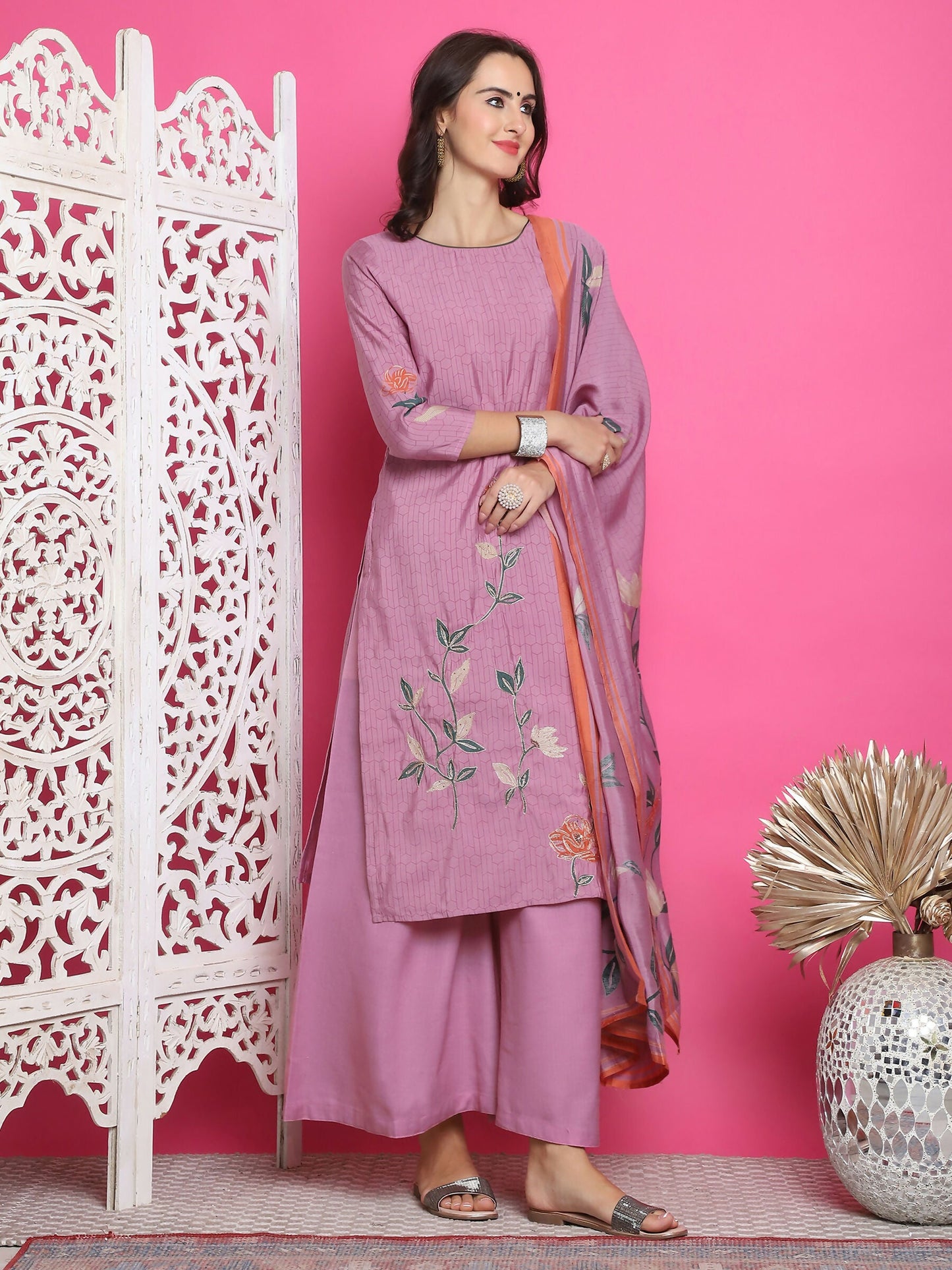 Jyoti Fashion Women's Purple Muslin Floral Print with Jari & Crystal work Kurta with Trouser & Dupatta | Swadesiicart