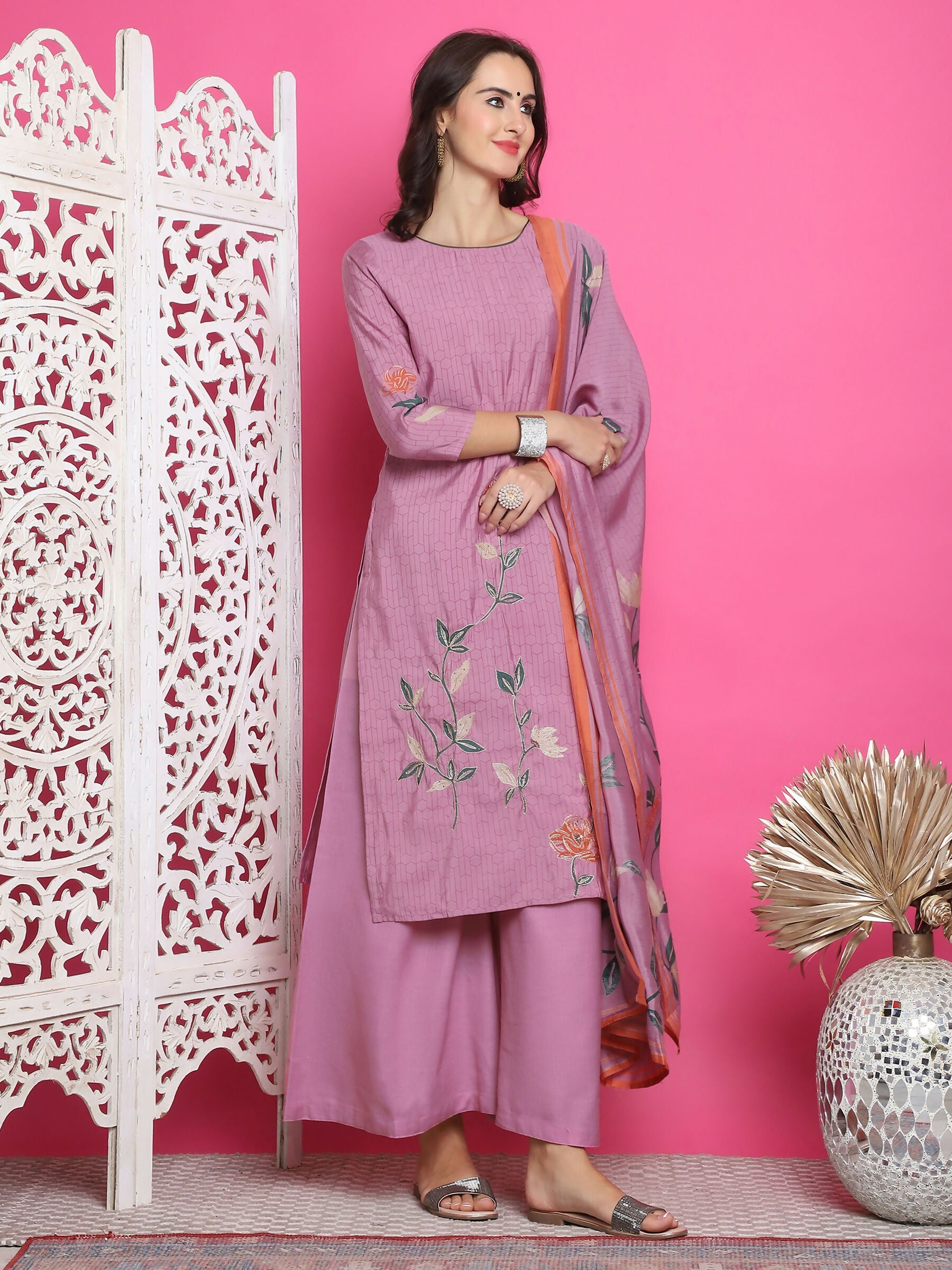 Jyoti Fashion Women's Purple Muslin Floral Print with Jari & Crystal work Kurta with Trouser & Dupatta | Swadesiicart