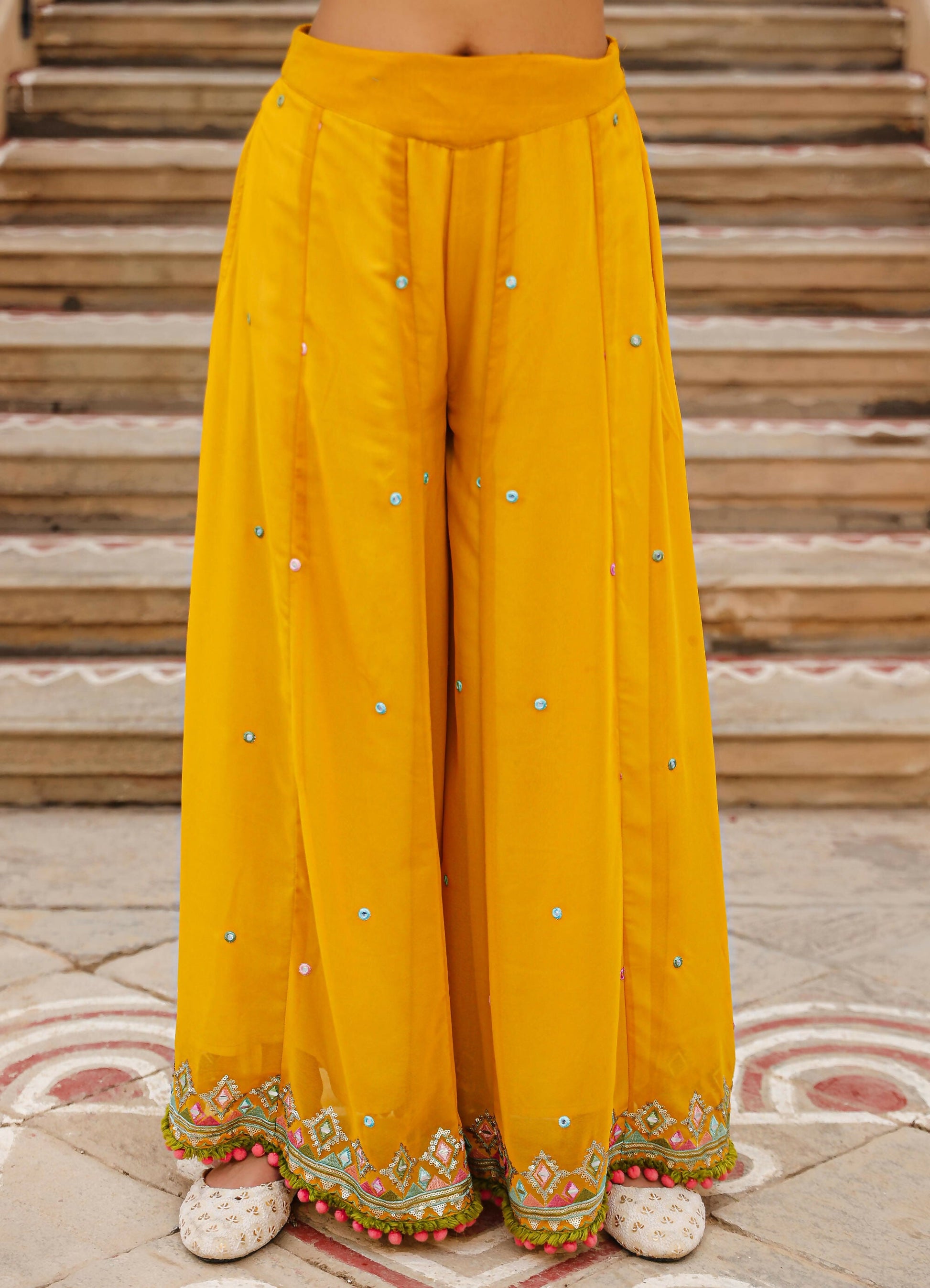 Juniper Women's Mustard Thread Embroidered Georgette Shirt Jacket & Palazzo Set With Mirror Work & Sequins - Swadesiicart
