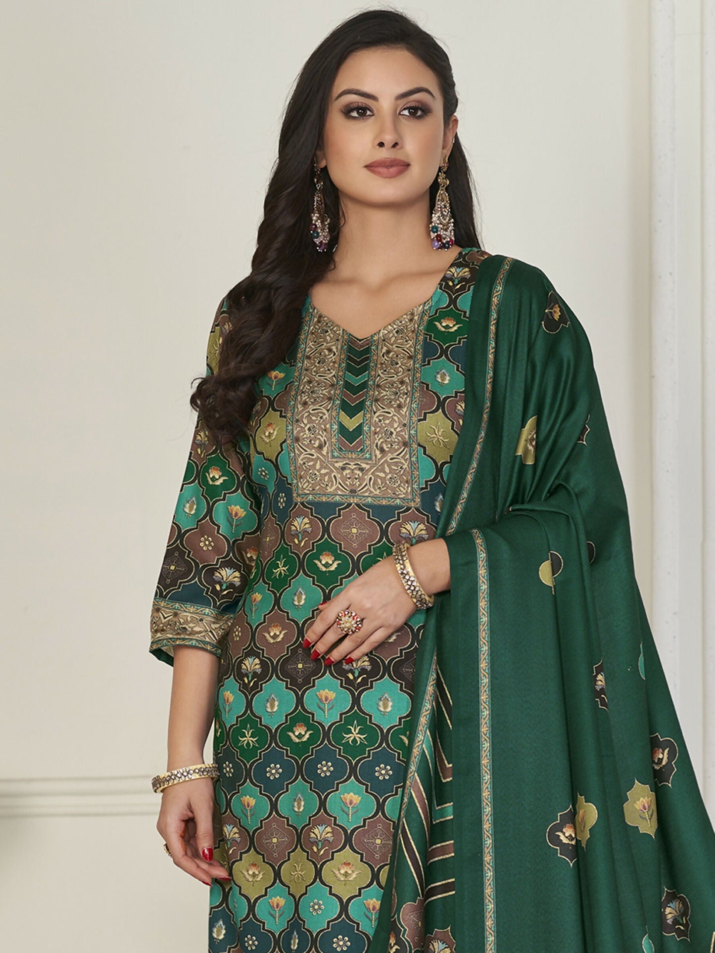 Jyoti Fashion Women's Multicolor Pashmina Digital Printed Kurta with Trouser & Dupatta | Swadesiicart