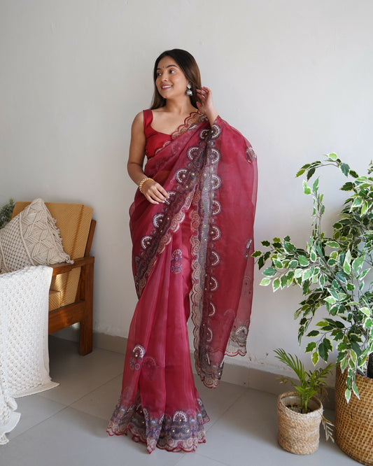 Vamsee Shivika Maroon Organza Saree - Swadesiicart