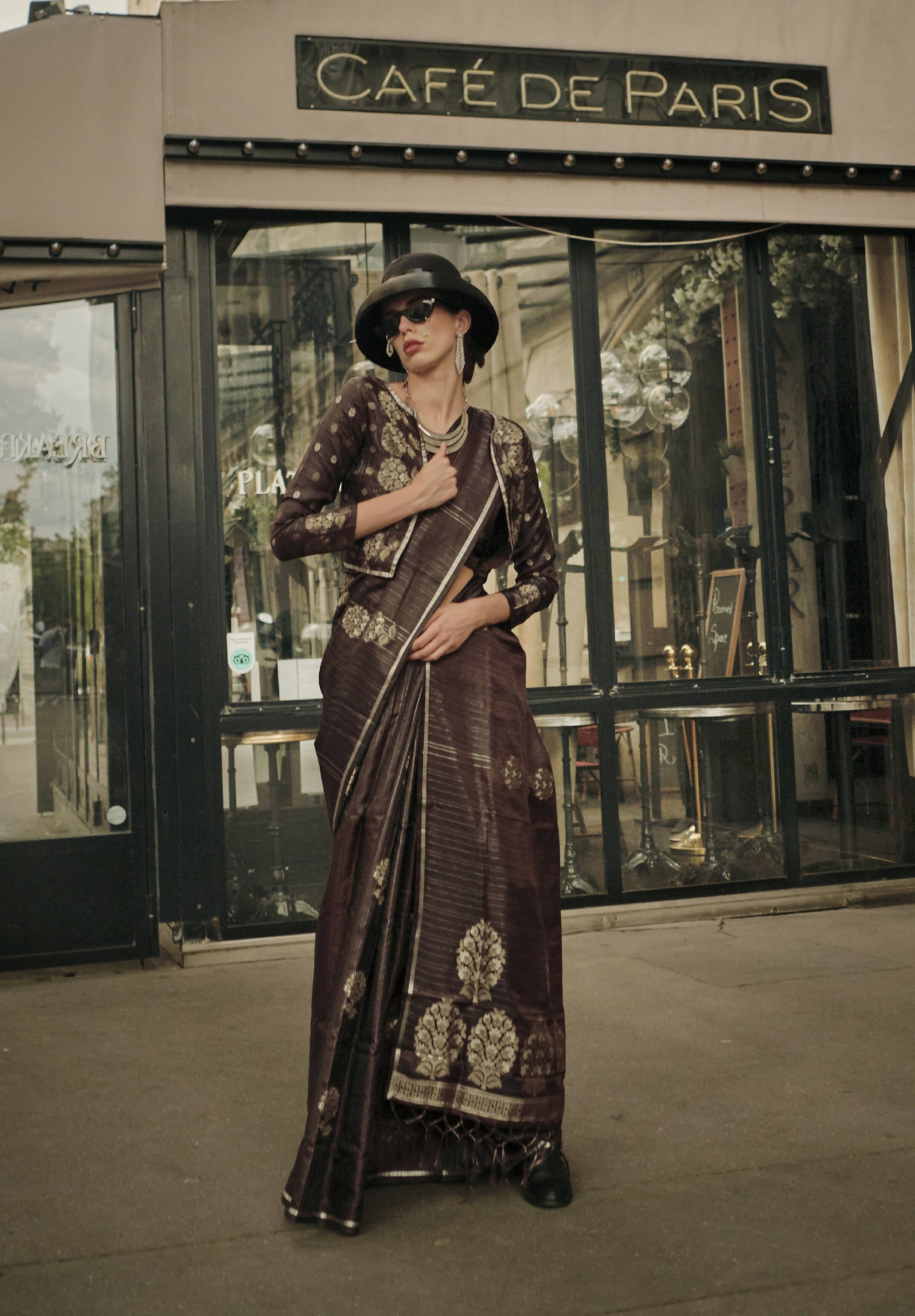 Walnut Brown Weavead Thread & Zari Work, Handloom Weaving Banarasi Satin Silk Saree - Rajtex Kronicle Silk - Swadesiicart