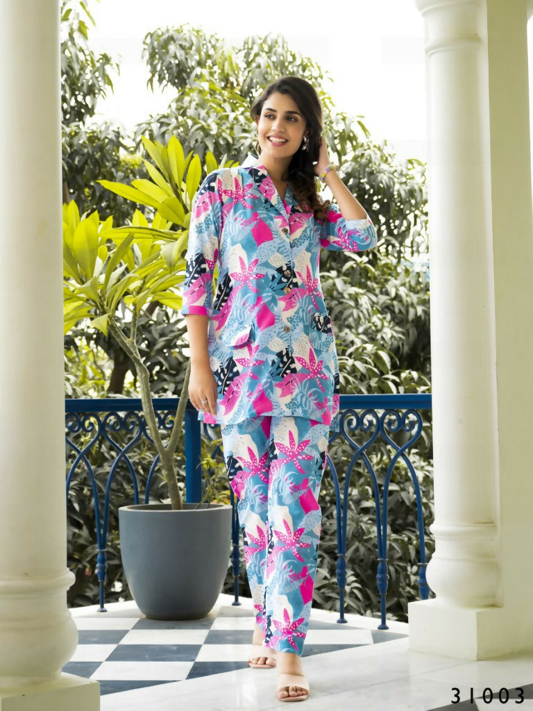 Casual Fashionable Multi Muslin Cotton co-ord set - Manya - Swadesiicart