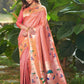 Vishnu Weaves Women's Peach Paithani Silk Minakari Zari Woven Saree with Unstitched Blouse - Swadesiicart