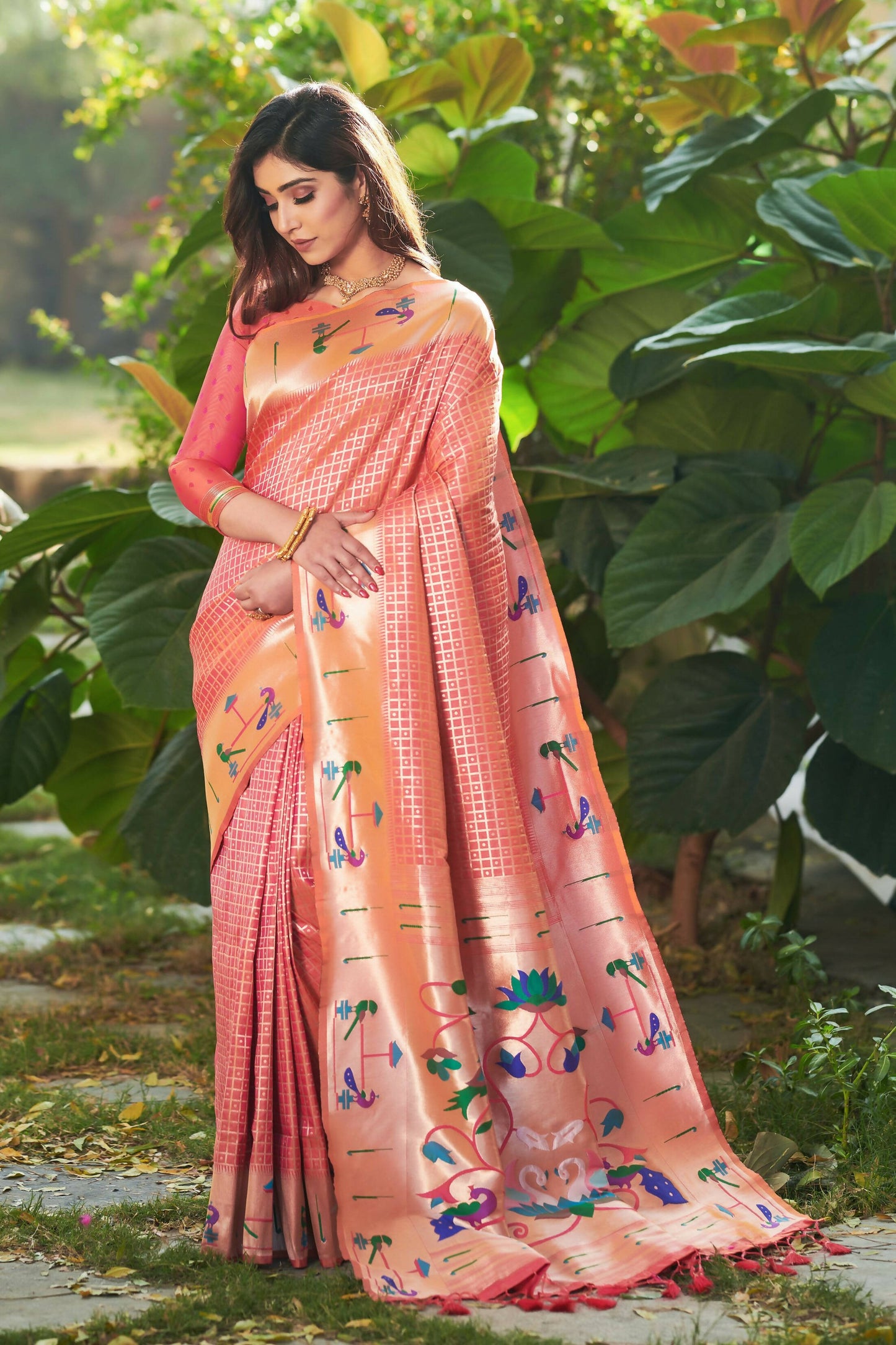 Vishnu Weaves Women's Peach Paithani Silk Minakari Zari Woven Saree with Unstitched Blouse - Swadesiicart