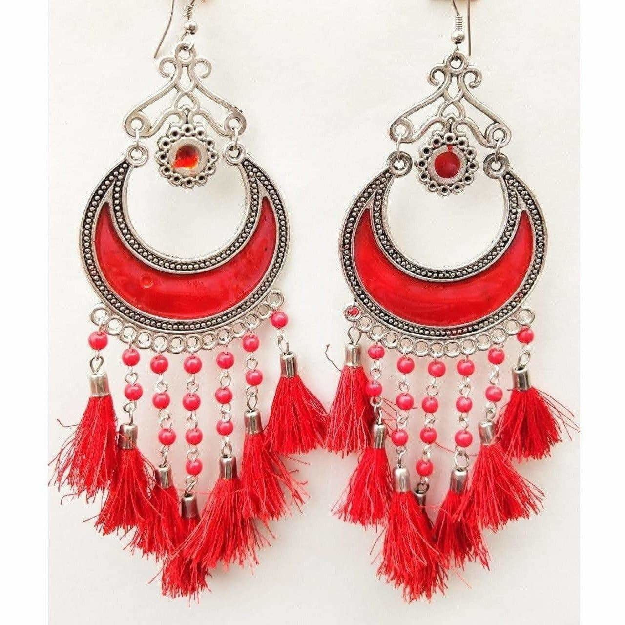 MS Fashion India Fancy Half Moon Red Color Beautiful Glass Pearls And Silk Thread Enamel Earrings | Swadesiicart