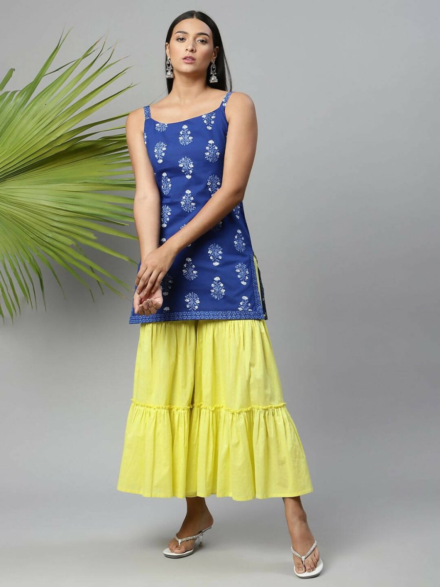 Ahalyaa Womens Royal Blue Pure Cotton Printed Tunic Sharara Set | Swadesiicart