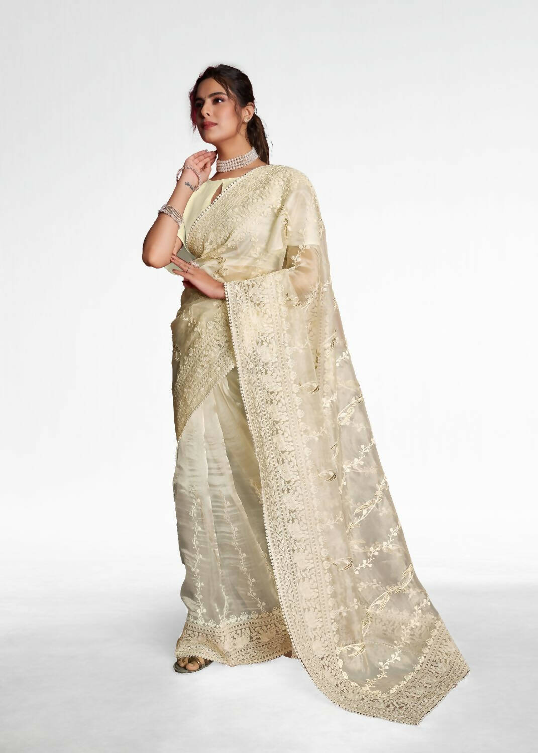 Vamsee White Organza Saree - Swadesiicart