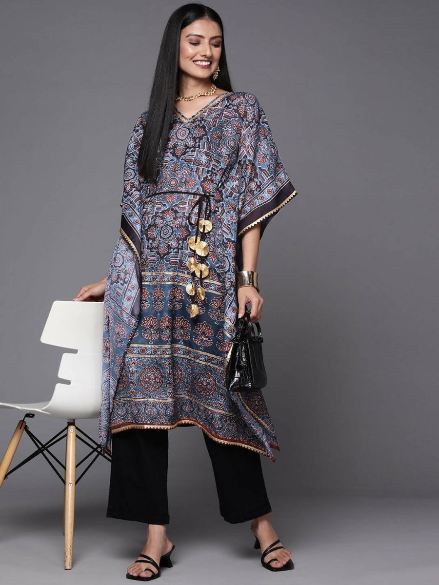 Ahalyaa Navy Blue & Maroon Floral Print Kaftan Kurta | Swadesiicart