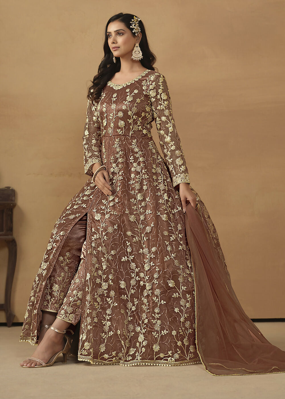 Pant Style Snuff Brown Embroidered Net Wedding Anarkali Suit - Emponline | Swadesiicart