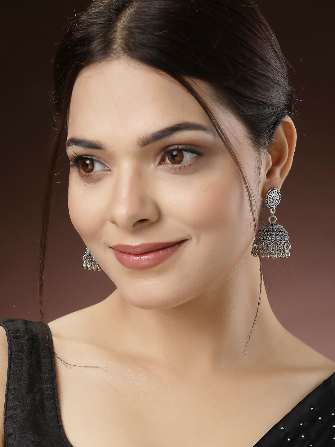 NVR Women's Set of 3 Silver-Toned German Silver Oxidised Dome Shaped Jhumka Earrings | Swadesiicart