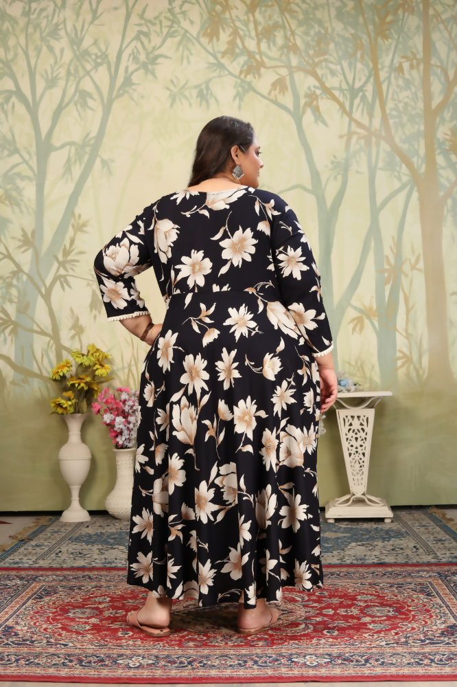 Jyoti Fashion Women's Black Rayon Floral Print with Sequins Designer Anarkali Set | Swadesiicart