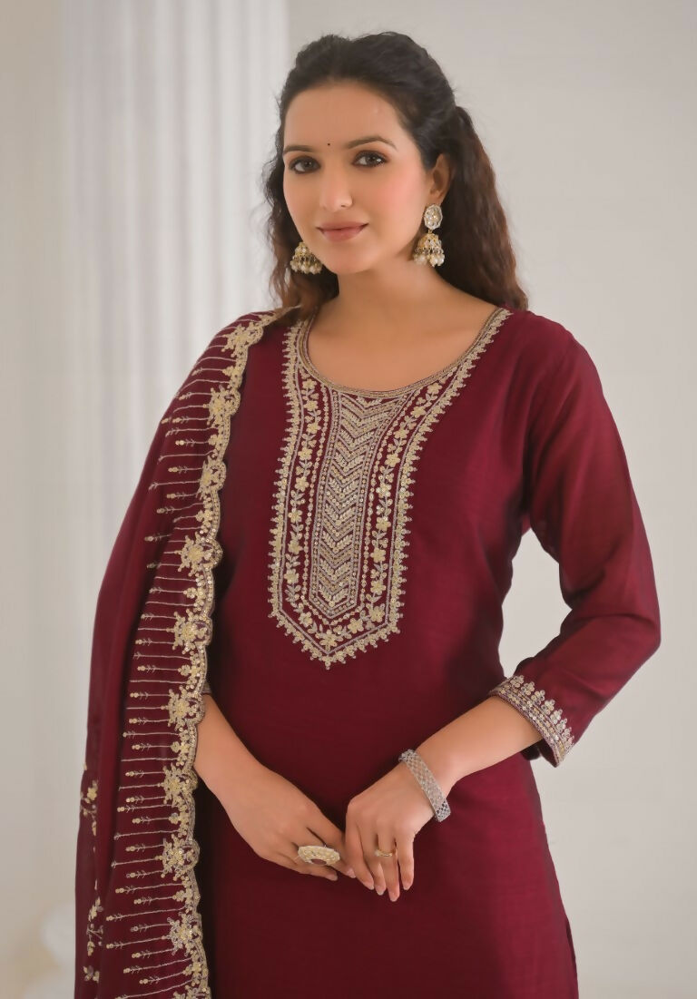 Ethnic Festive Wear Vichitra Silk Wine Stitched Suit With Dupatta - Tanisha | Swadesiicart