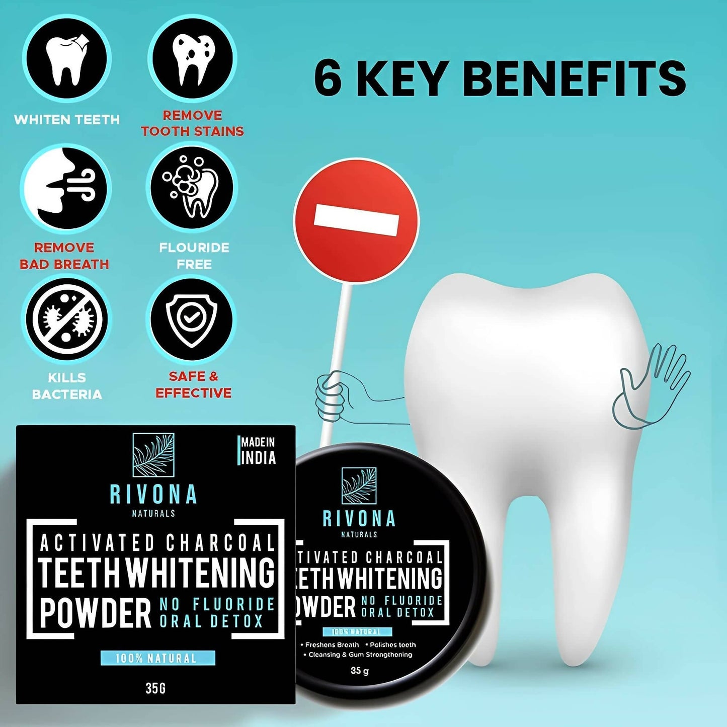 Rivona Naturals Activated Charcoal Teeth Whitening Powder - Swadesiicart