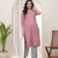 Vaasva Women Pink Cotton Printed Straight Kurti With Pant - Swadesiicart