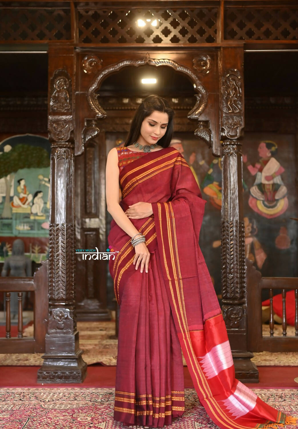 Very Much Indian Handloom Cotton Viscose Ilkal Saree Bright Maroon With Red Border | Swadesiicart