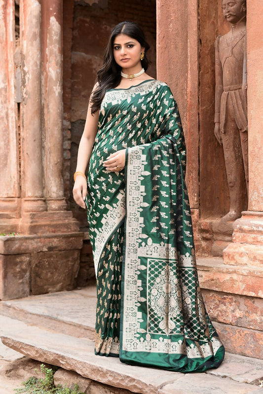 Joban Fashion Emerald Green Banarasi Katan Pure Handloom Banarasi Silk Saree | Swadesiicart