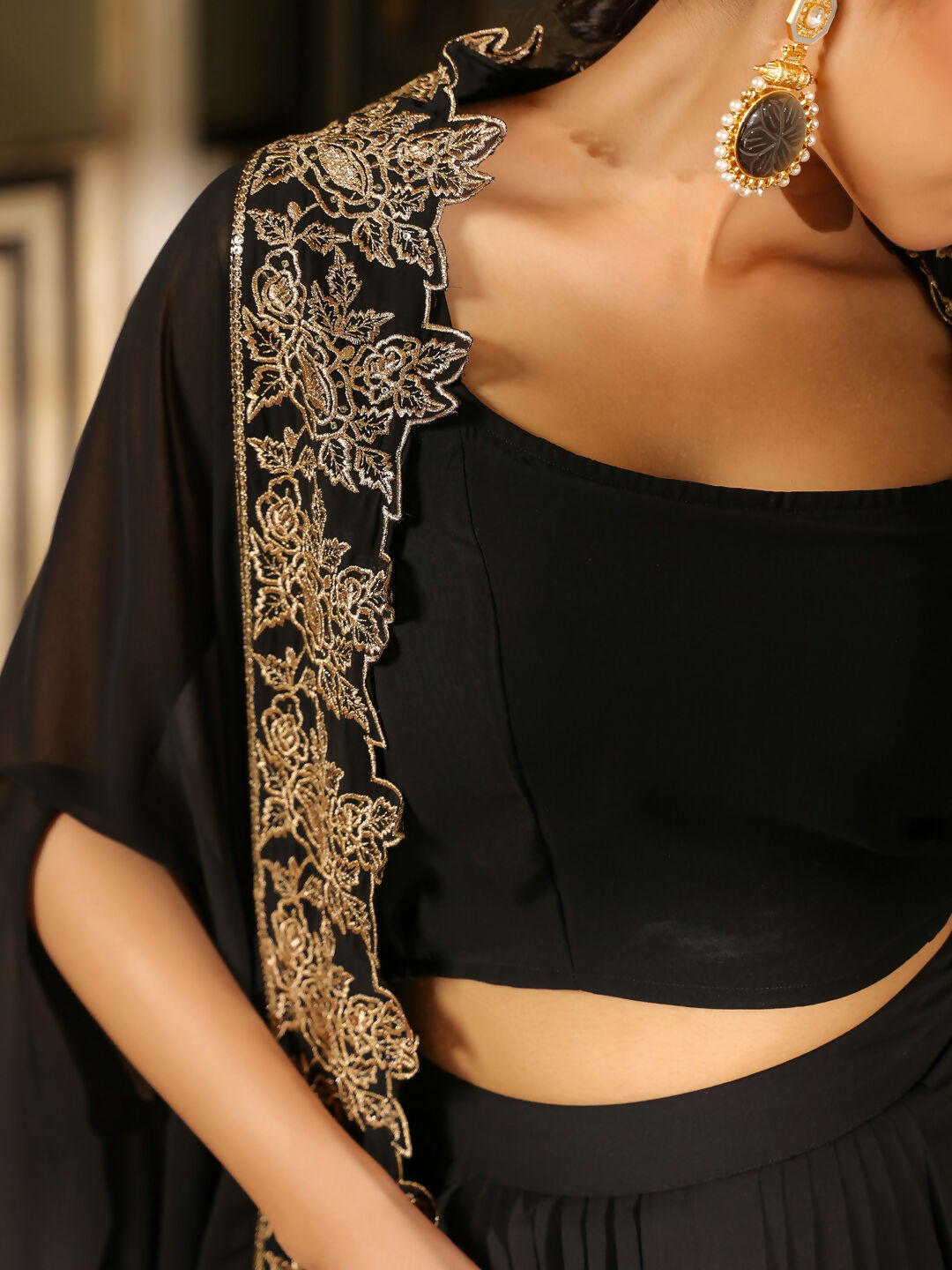 Janasya Black Georgette Solid Top Bottom Cape | Swadesiicart