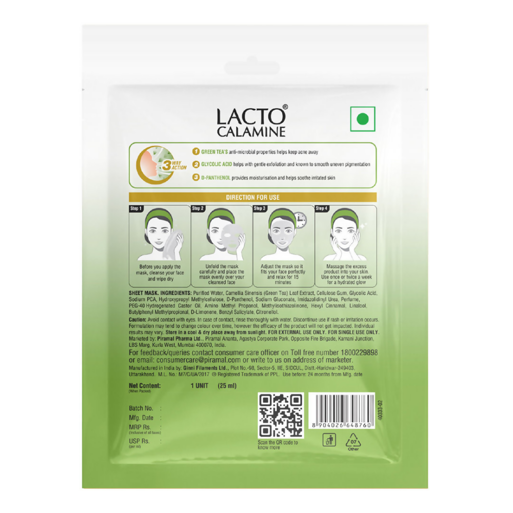 Lacto Calamine Green Tea Face Sheet Mask - Swadesiicart