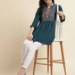Teal Rayon Yoke Embroidered A-line Top - Tarini - Swadesiicart