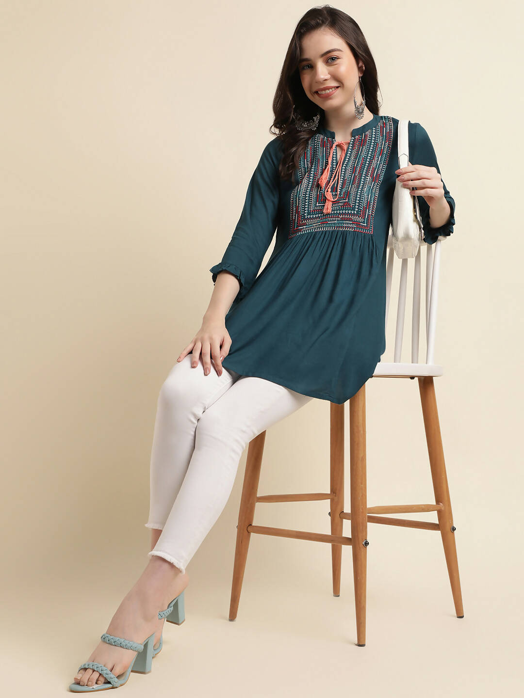 Teal Rayon Yoke Embroidered A-line Top - Tarini - Swadesiicart