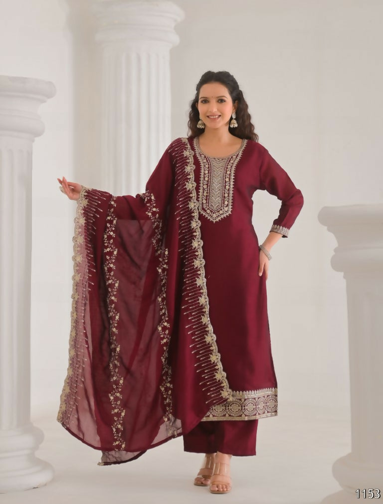 Ethnic Festive Wear Vichitra Silk Wine Stitched Suit With Dupatta - Tanisha | Swadesiicart