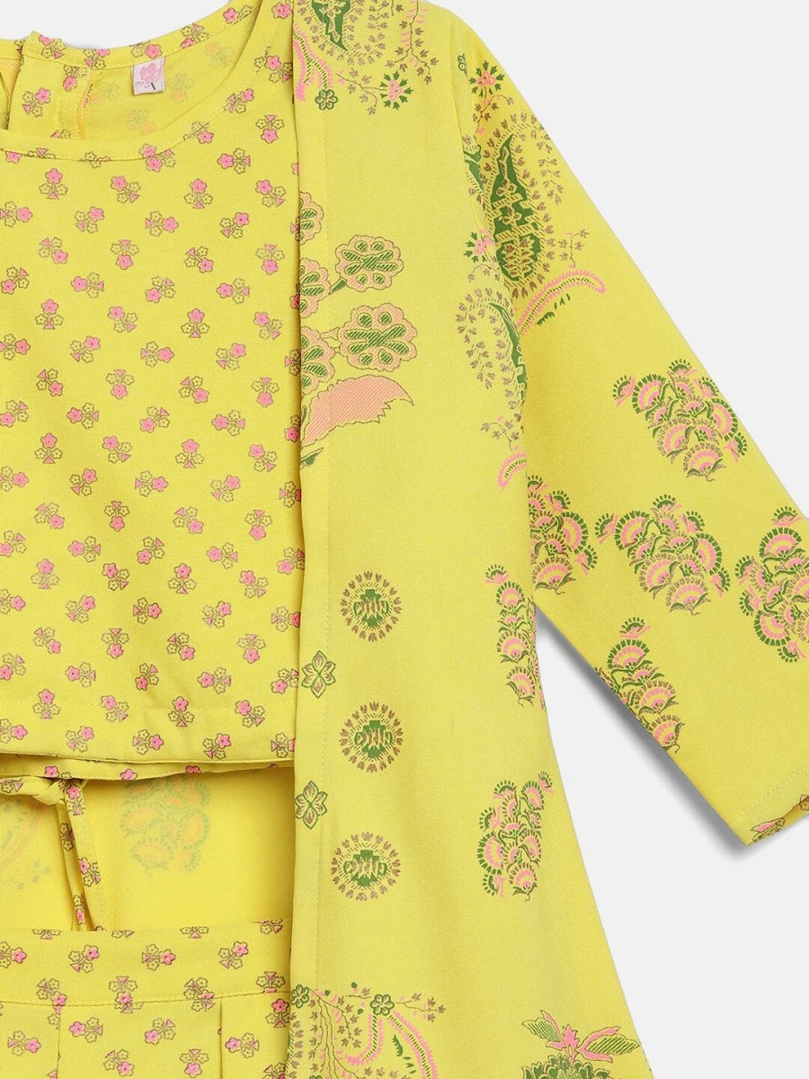 Ahalyaa Yellow Viscose Rayon Printed Kids Top & Palazzo Sets With Jacket For Girls | Swadesiicart