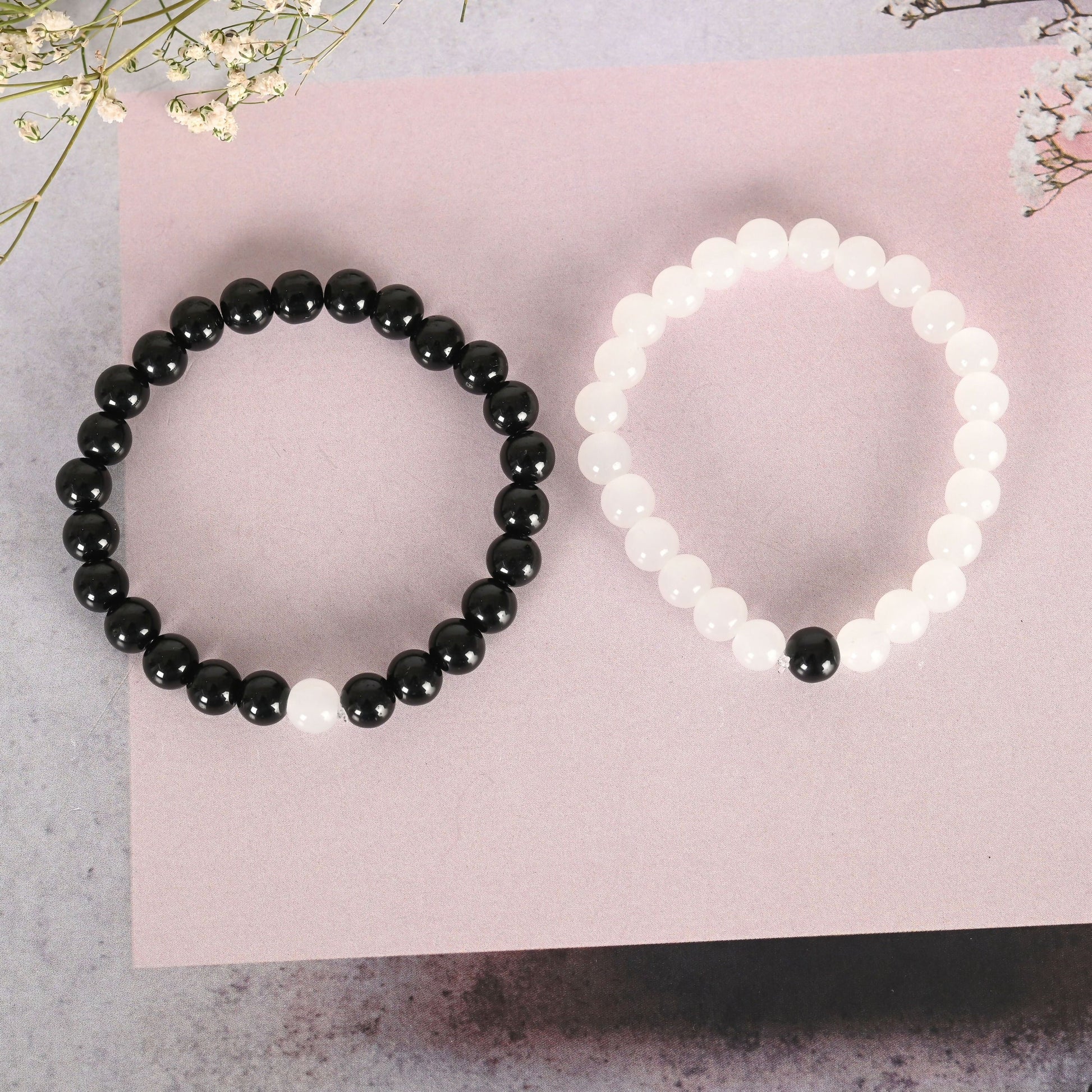 NVR Men & Women White & Black Marbel Crystal Elasticated Bracelet - Swadesiicart