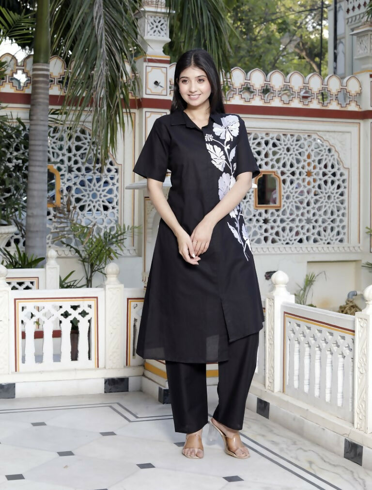 Miravan Women's Black Pure Cotton Floral Embroidered High Low Co-Ord Set - Swadesiicart