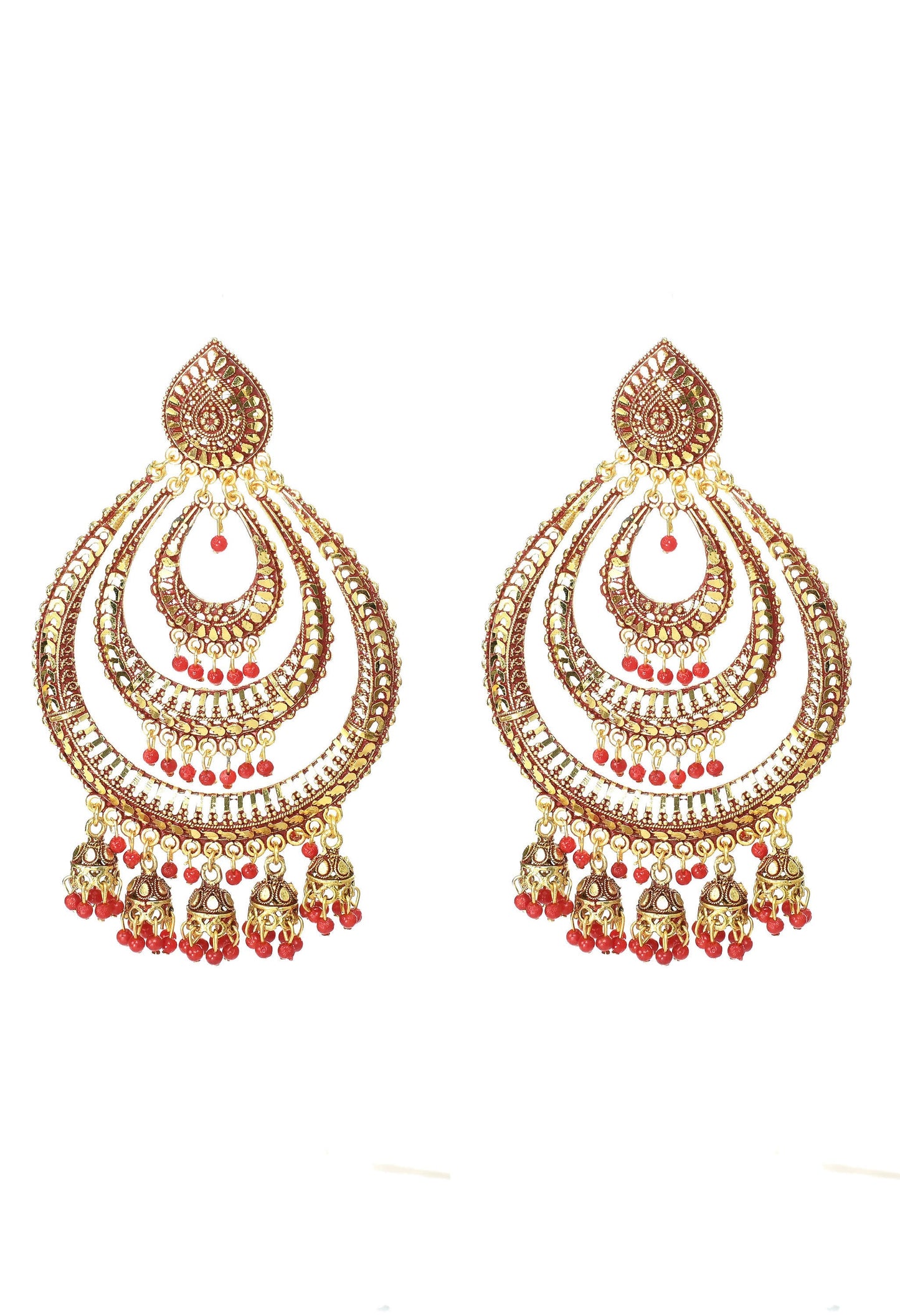 Mominos Fashion Johar Kamal Triple Circle White With Red Big Size Earrings - Swadesiicart