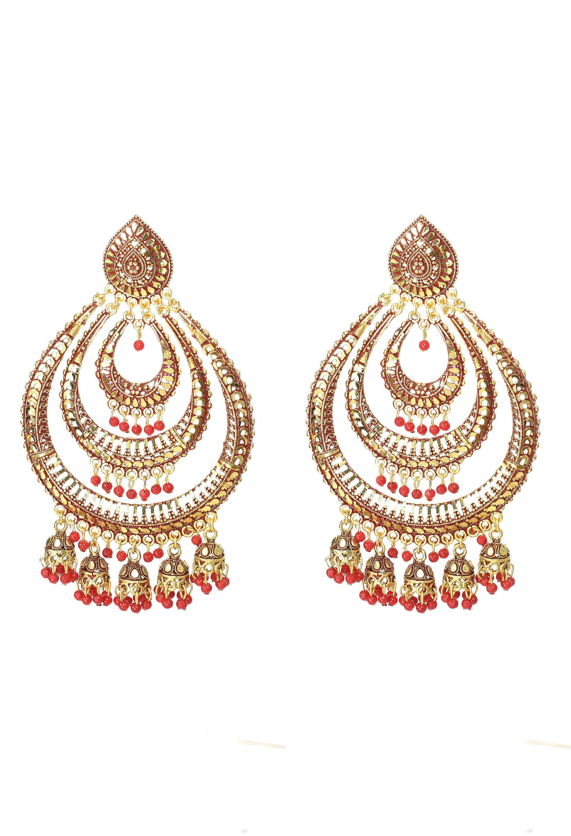 Mominos Fashion Johar Kamal Triple Circle White With Red Big Size Earrings - Swadesiicart