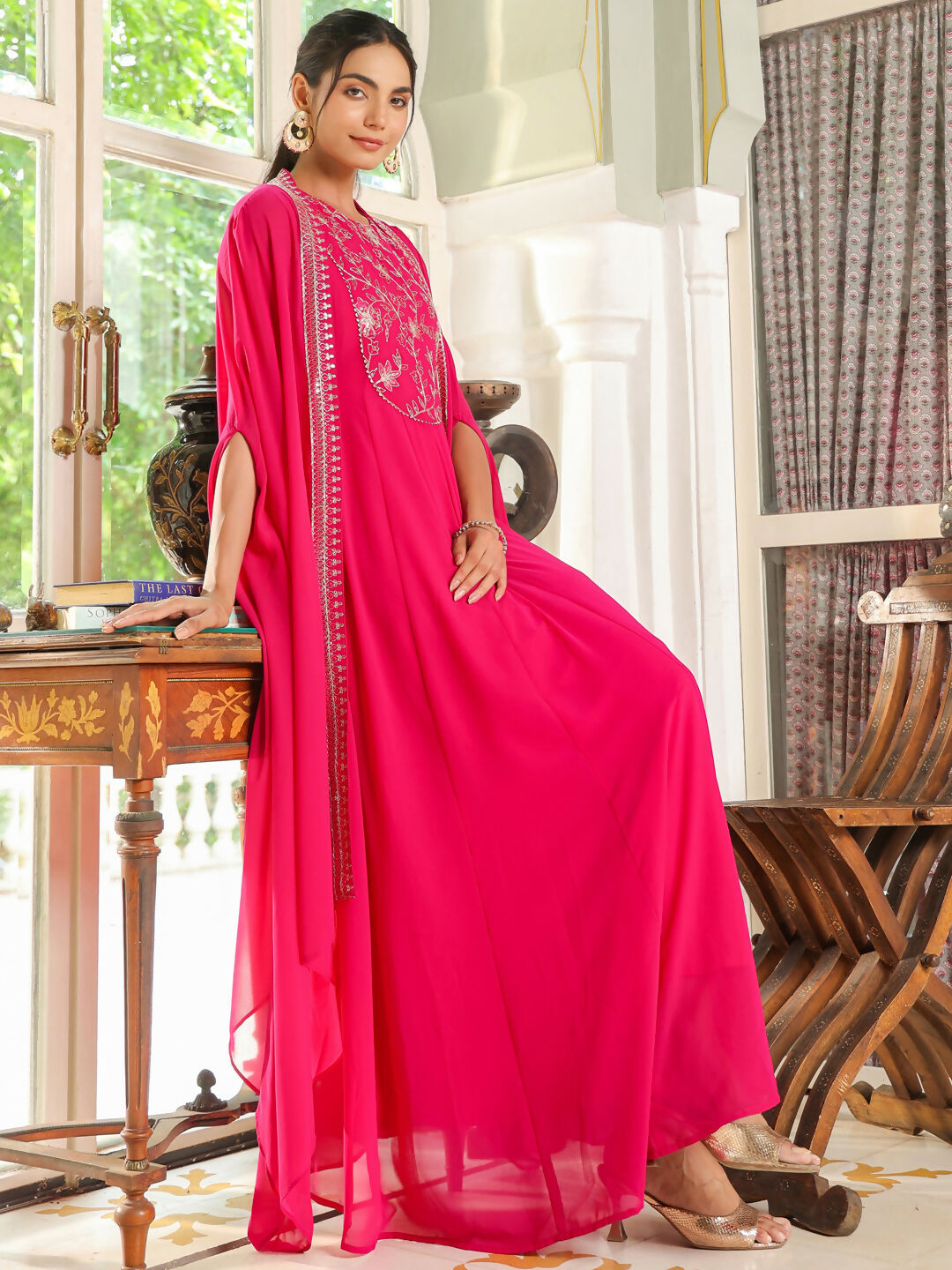 Janasya Pink Georgette Embroidered Dress & Cape | Swadesiicart