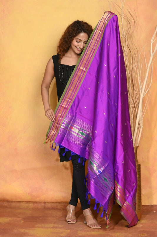 Very Much Indian Pure Silk Handloom Traditional Paithani Dupatta - Violet | Swadesiicart