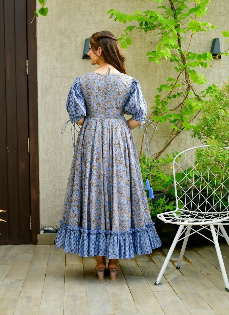 Jyoti Fashion Women's Blue Heavy Digital Printed Cotton Silk Anarkali Dress | Swadesiicart