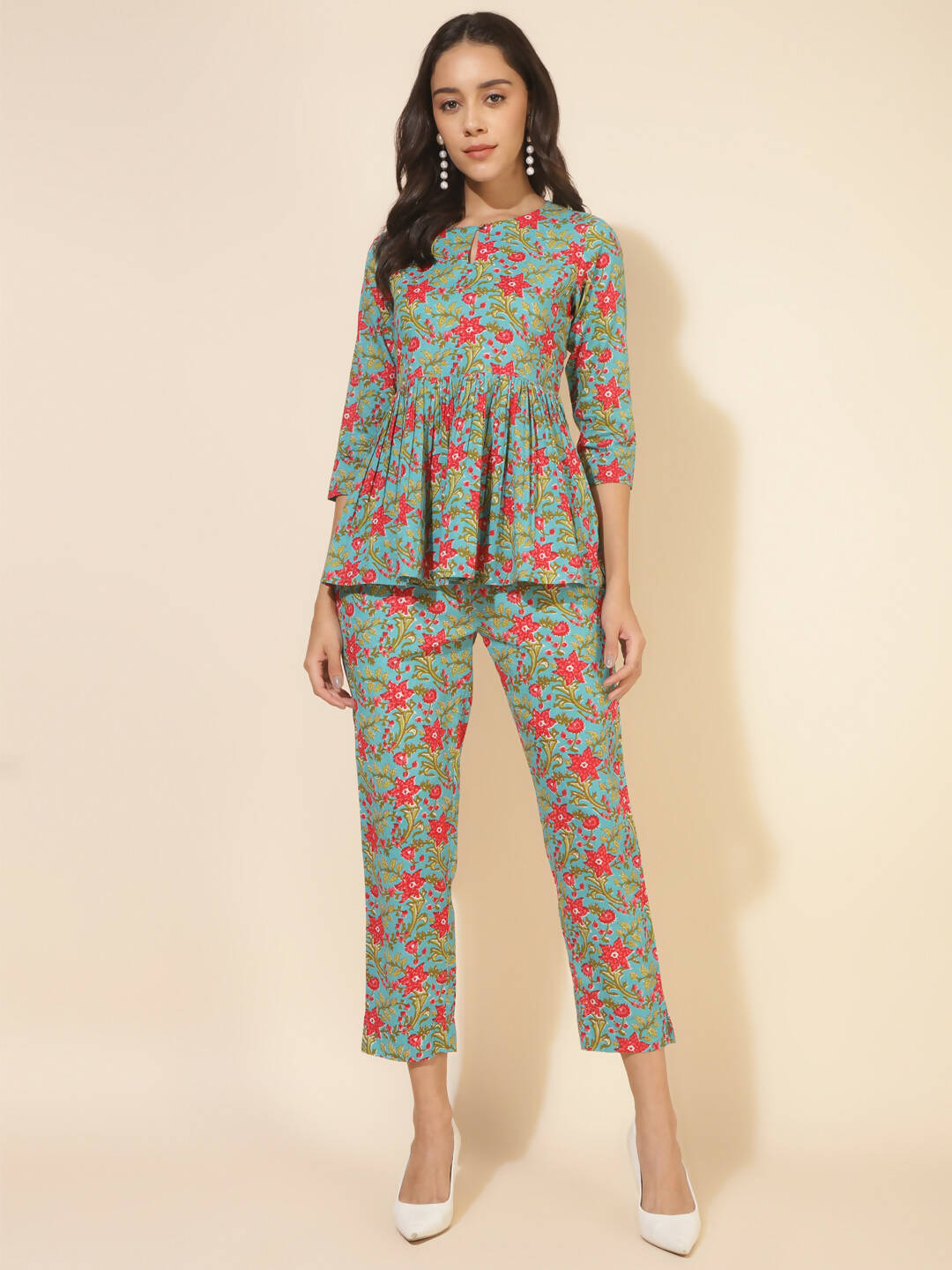 Janasya Women's Blue Cotton Printed Casual Peplum Co-ords - Swadesiicart