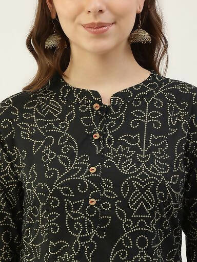 FIORRA Women's Black Printed Flared Cotton Kurta - Swadesiicart