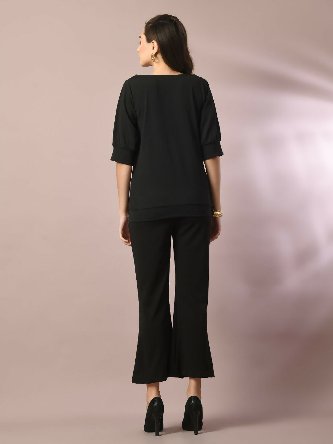 Myshka Women's Black Solid Boat Neck Party Top With Trousers Co-ord set - Swadesiicart