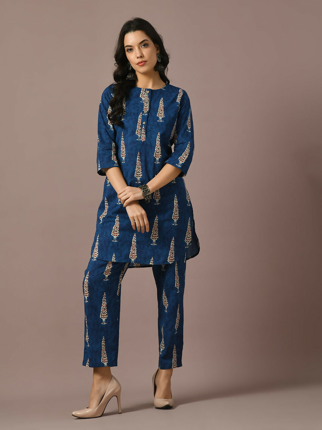 Myshka Women's Blue Printed Cotton Round Neck Party Tunic With Trousers Co-ord set - Swadesiicart