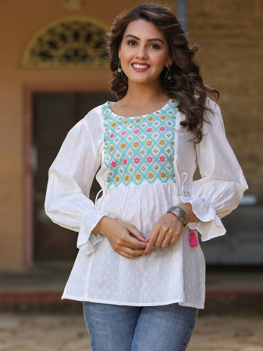 Juniper Women's White Cotton Dobby Solid With Multi Color Embroidered Tunic | Swadesiicart
