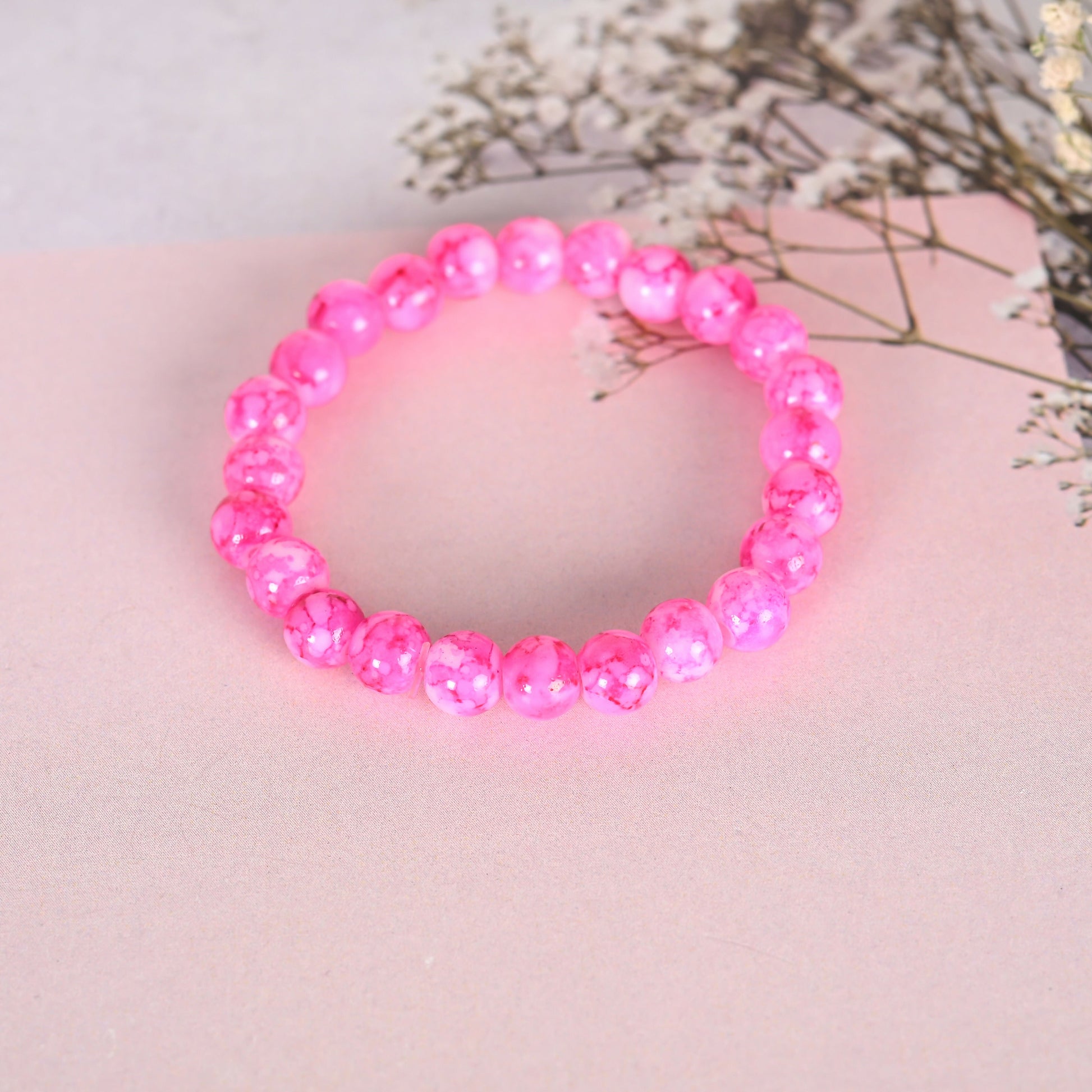 NVR Men & Women Pink Marble Crystal Beaded Elasticated Bracelet - Swadesiicart
