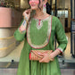 The52 Light Green Women's Gorgeous Embroidered Work Chanderi Fabric Flared Kurta Pant and Dupatta Set - Swadesiicart