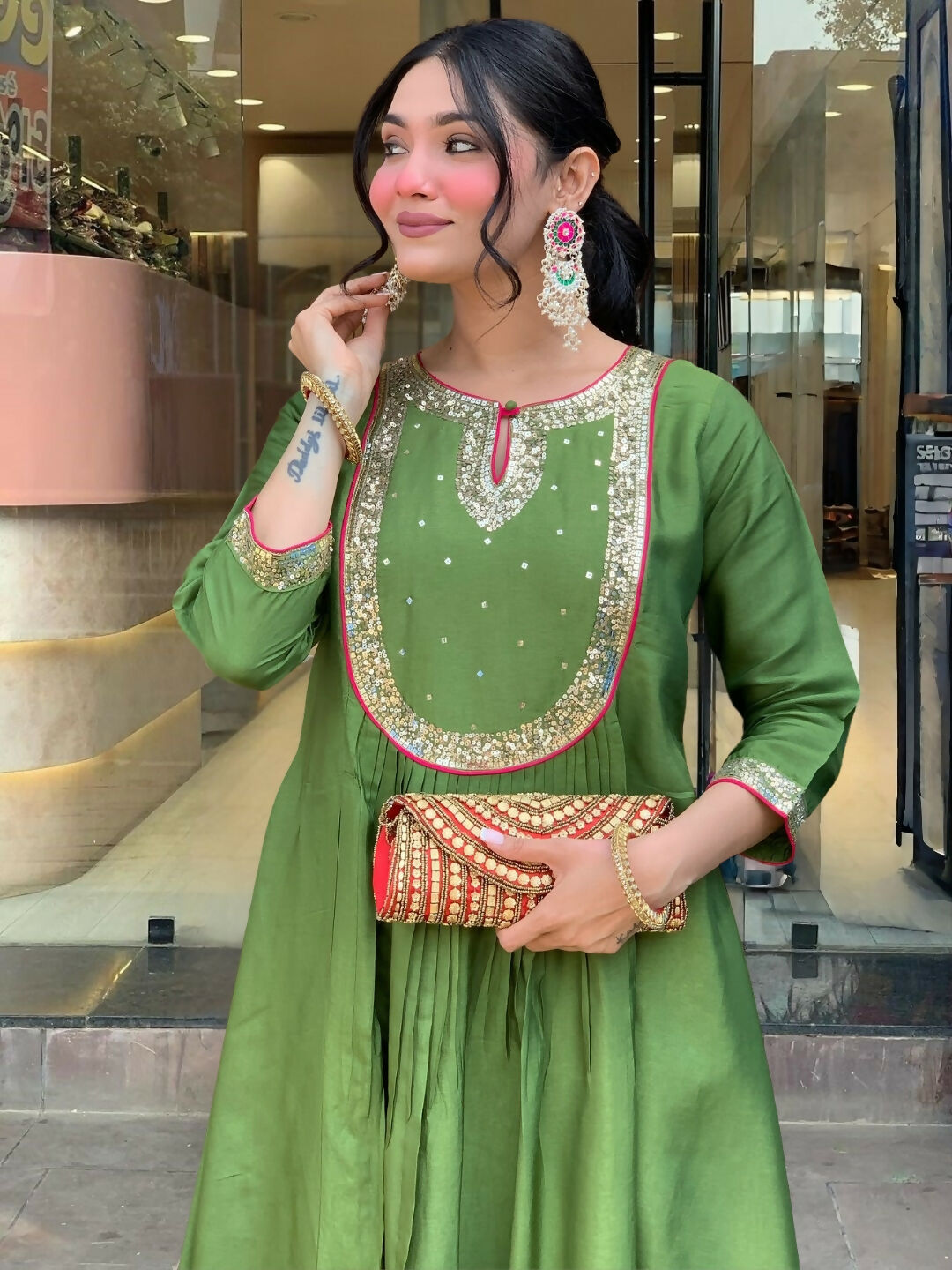 The52 Light Green Women's Gorgeous Embroidered Work Chanderi Fabric Flared Kurta Pant and Dupatta Set - Swadesiicart