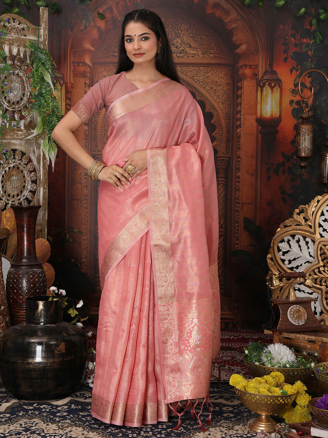 Shree Shyam Fashion Organza Pink Saree