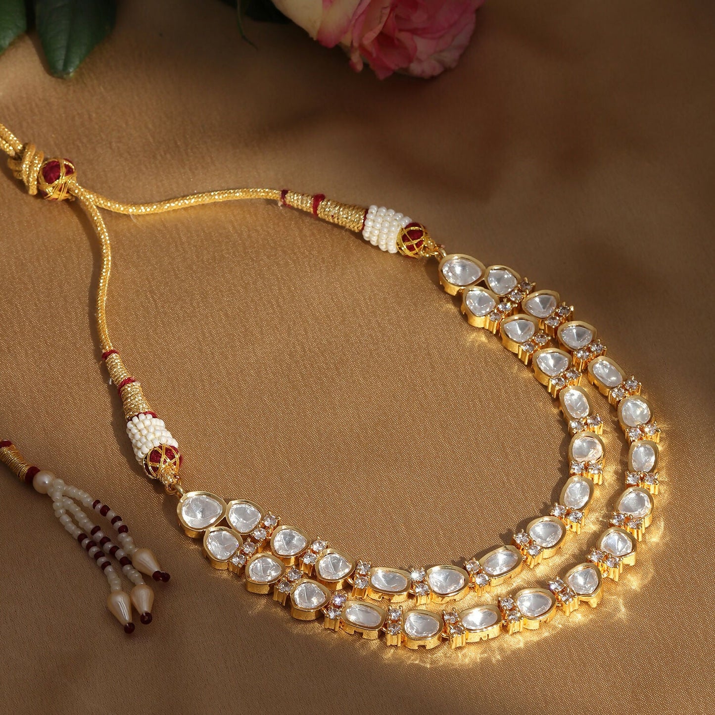 Double Layered Kundan and American Diamond Neckpiece (Gold) - Ruby Raang | Swadesiicart