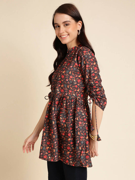 Black Poly Rayon Digital Printed A-line Top - Tarini - Swadesiicart
